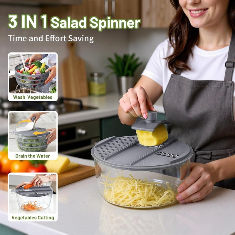 SmartTrends Salad Spinner, 5.3 QT Lettuce Spinner with Strainer, Fruit Cleaner with 4 Replaceable Blade for Shredding, Slicing and Pureeing, Salad Washer & Dryer for Quick Washing (Grey) - Image 3